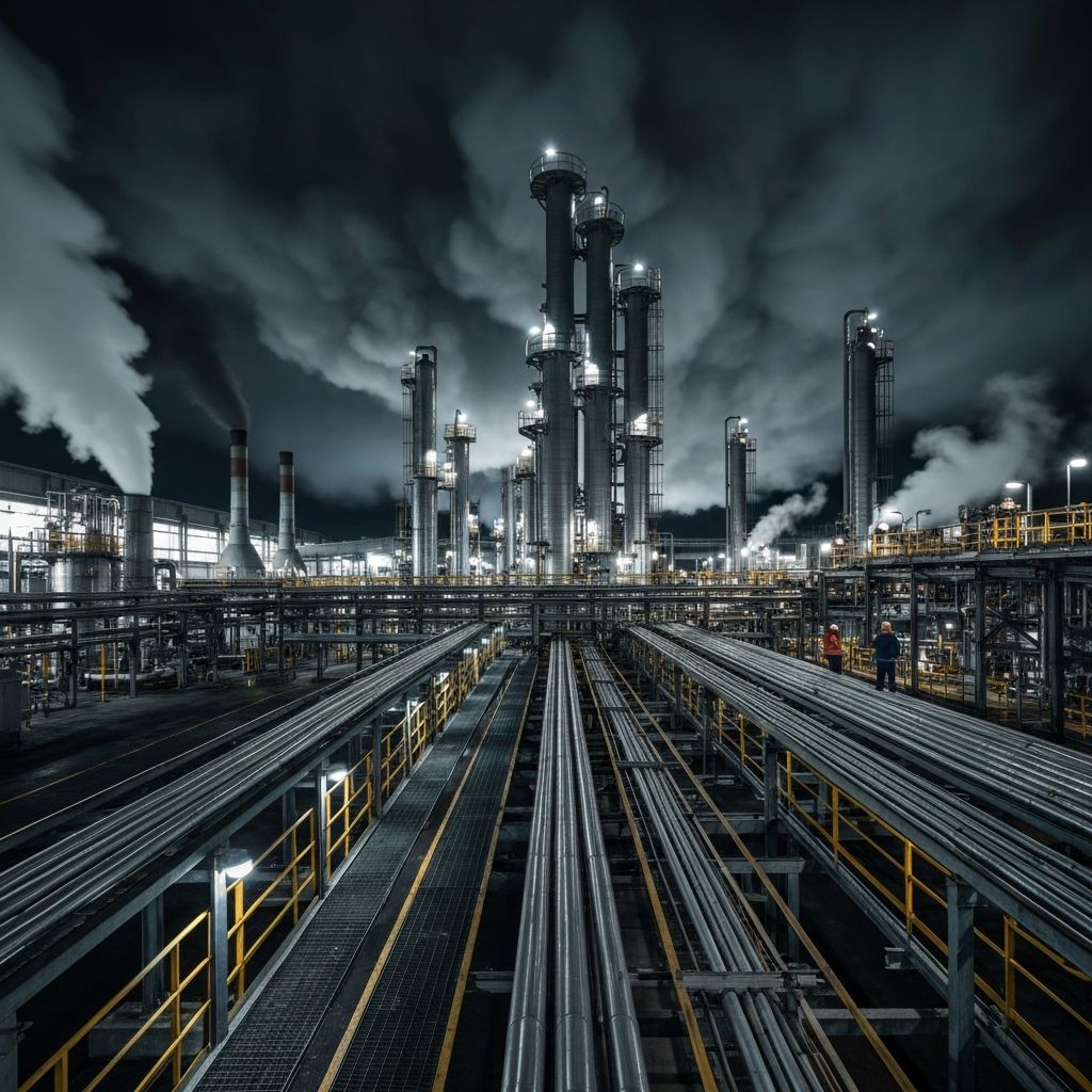 Oil refinery at dusk with industrial light fittings illuminated along pipe racks